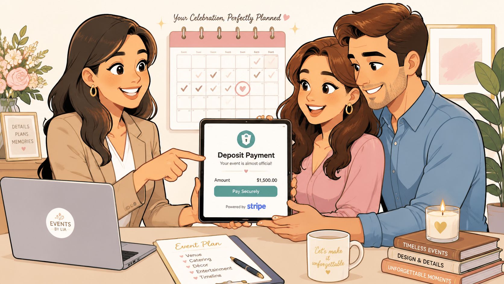 A professional event planner discussing event details and accepting a secure digital deposit with a happy couple.