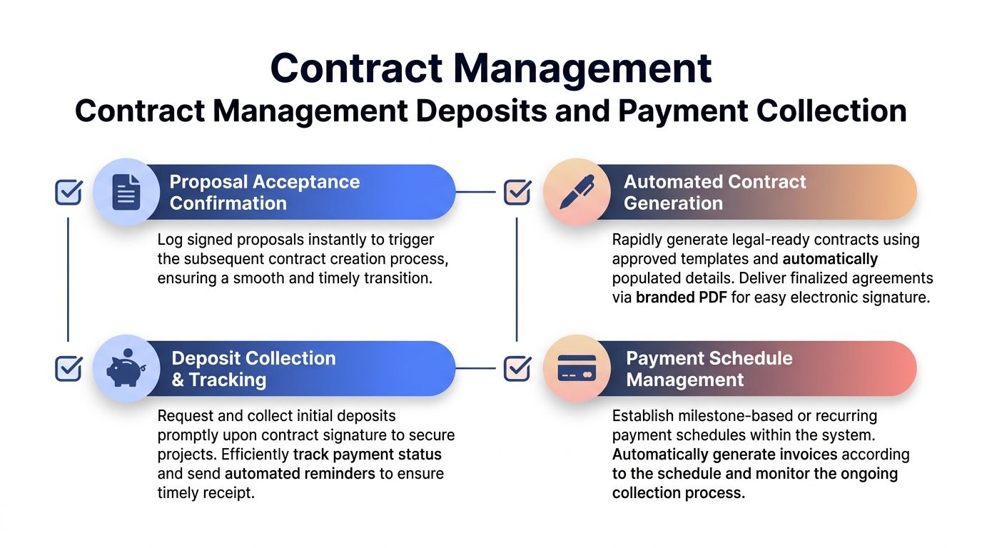 A diagram illustrating a four-step process for automated contract management, deposits, and client payment collection.