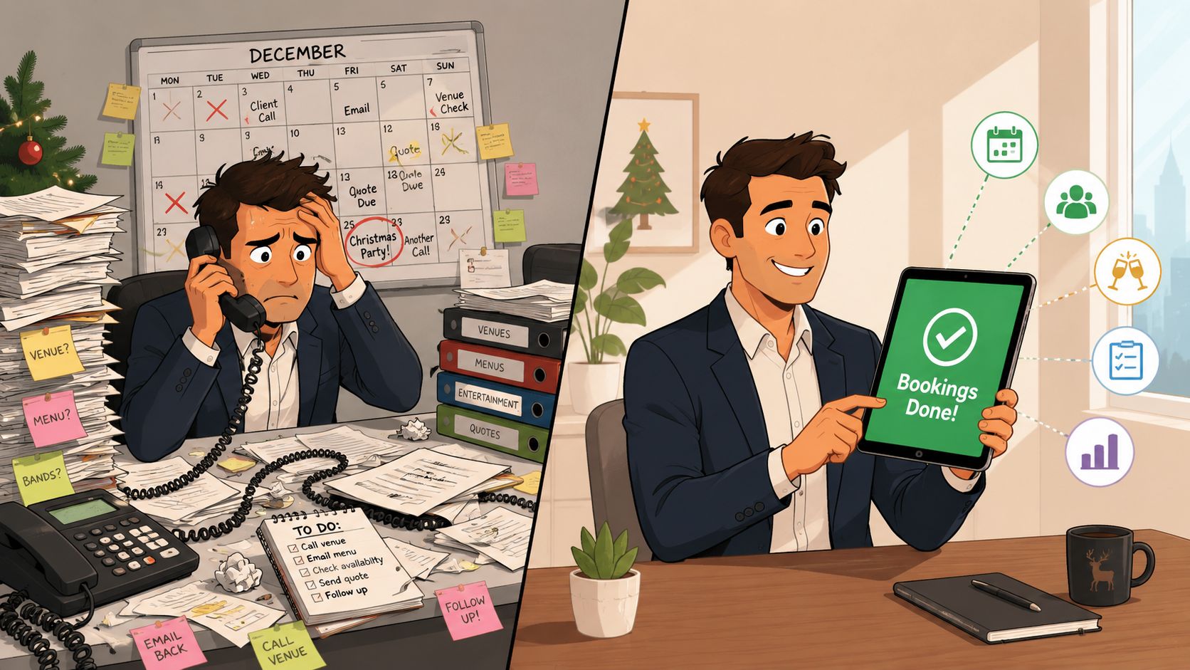 A split screen comparing a stressed event planner juggling paperwork to a relaxed one using digital booking software.